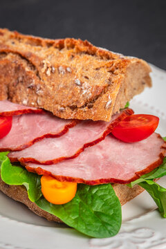 Open faced sandwich with sliced cured meat, leafy greens, cherry tomatoes, and crusty multigrain bread on a plate, close up food photograph