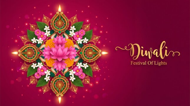 Happy Diwali - Clay Diya lamps lit during Diwali, Hindu festival of lights celebration. Colorful traditional oil lamp diya on red background