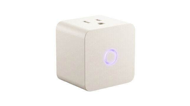Modern smart plug adapter with illuminated LED power button, white electrical socket outlet cube for home automation and energy management
