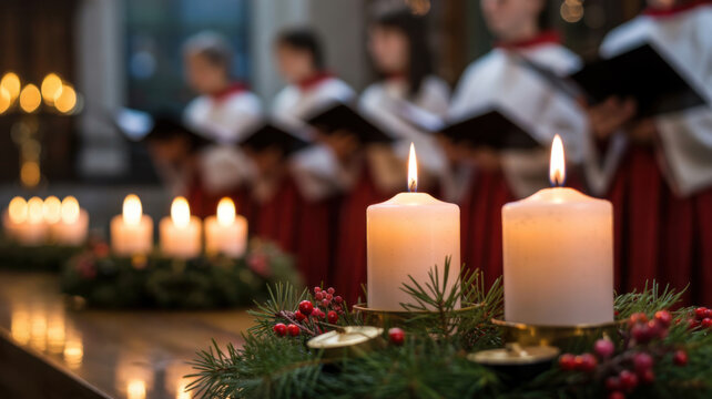 Christmas Advent wreath with candles and choir singing in church