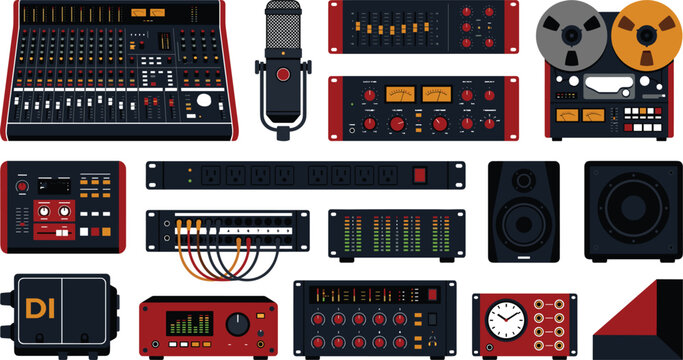 Vintage audio recording studio rack unit hardware featuring analog mixer reel recorder equalizer compressor patchbay direct box studio monitor subwoofer clock