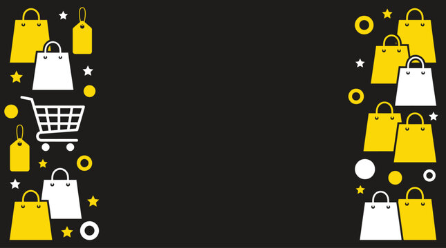 A festive black friday background vector featuring yellow and white shopping bags with a dark empty central space