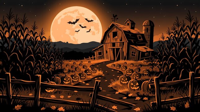 Spooky halloween scene with barn and pumpkins under a full moon vector illustration