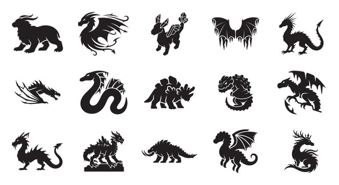 Fantasy dragon silhouettes, 15 mythical creature icons, black vector monster set for gaming logos, tribal beast illustrations on white background
