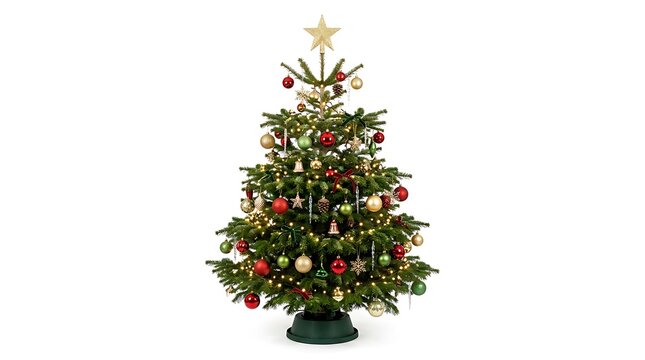 Decorated christmas tree with ornaments and star topper isolated on white background