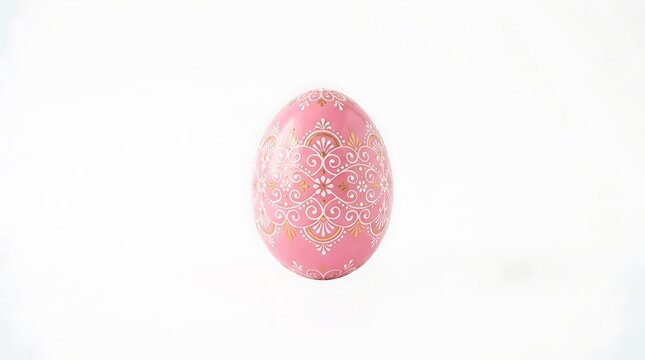 Pink easter egg with white and gold floral pattern isolated on white background