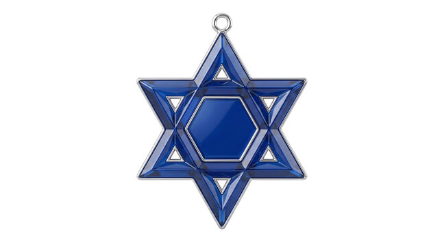 Blue star of david pendant with silver outline on isolated on transparent background