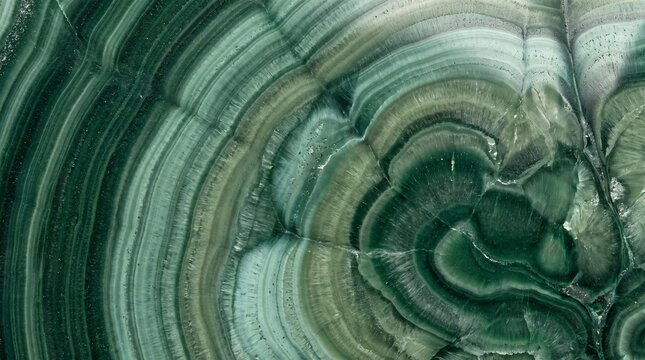 Close-up of natural malachite mineral surface with concentric green and white banded patterns