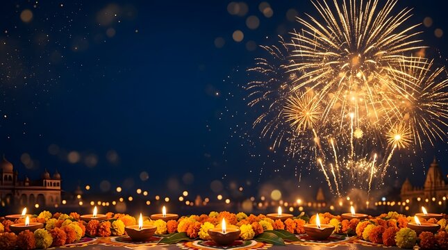 A vibrant and joyous diwali celebration featuring dazzling fireworks glowing diyas and a beautiful night sky filled with light and happiness