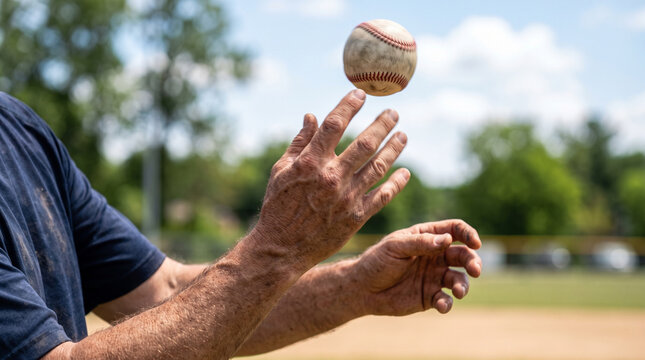 Close-up of a baseball player tossing a baseball into the air on an outdoor field during practice on a sunny day