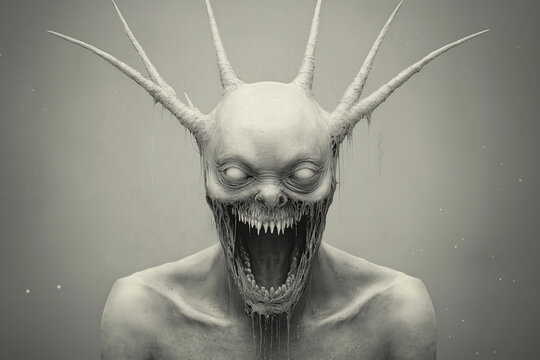 horror art creature chupacabra with branching forehead horns, milky eyes and open needle toothed mouth, photorealistic