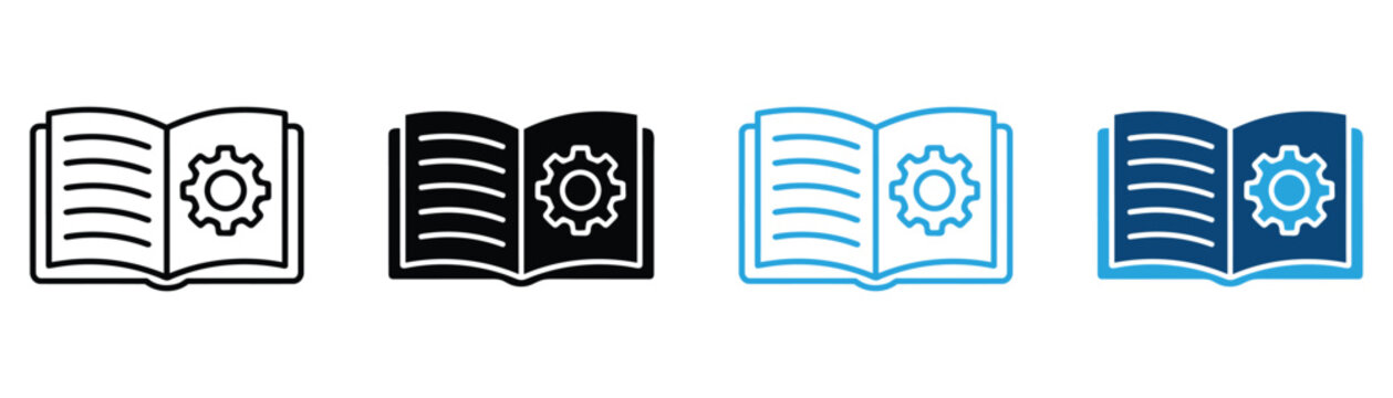 Technical documentation icon set with open book and gear symbols for engineering, manuals, knowledge, and guides.