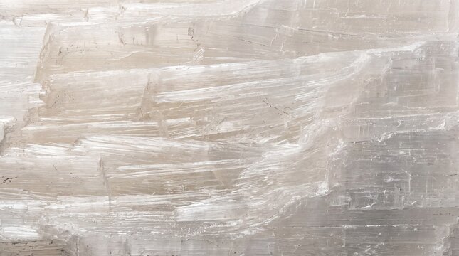 Close-up texture of translucent satin spar selenite crystal with fibrous white mineral layers