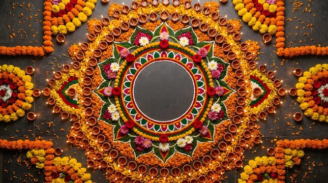 A vibrant and colorful diwali rangoli design crafted with flowers and marigolds symbolizes prosperity and the triumph of light over darkness