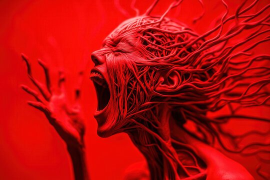 horror art screaming head with red branching nerves and raised hand, vivid scarlet background, photorealistic