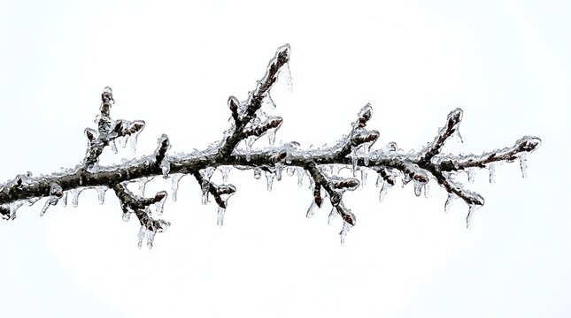 Frozen tree branch covered in ice during winter isolated on white background