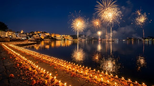 A breathtaking diwali night scene with vibrant fireworks illuminating the dark sky and reflecting beautifully on the water below