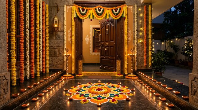 A beautifully decorated indian Festival diwali  entranceway glows with warm light celebrating the vibrant and joyous festival of diwali the festival of lights