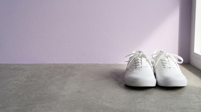 White minimalist canvas sneakers on concrete floor