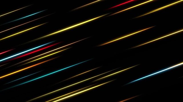 Abstract motion graphics featuring vibrant diagonal streaks of golden and blue neon light zooming fast across a dark void. This seamless background creates a high speed futuristic technology concept.