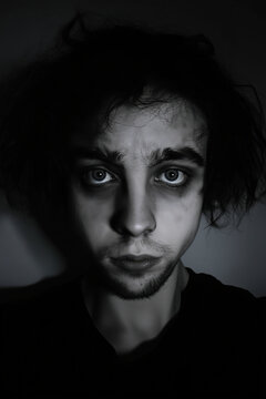 horror black and white portrait thin young man with dark tousled hair and large eyes in shadow, photorealistic WFI