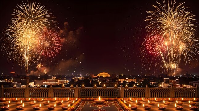 A breathtaking diwali celebration with vibrant fireworks illuminating the night sky and countless diyas creating a warm festive glow