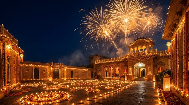 A vibrant and spectacular indian Festival diwali celebration showcasing dazzling fireworks illuminating a beautifully decorated cityscape at night filled with joy