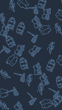 Popular repeated line art icons of baggage bundles, travel gear, clothing, and luggage in a holiday pattern suitable for travel designs.