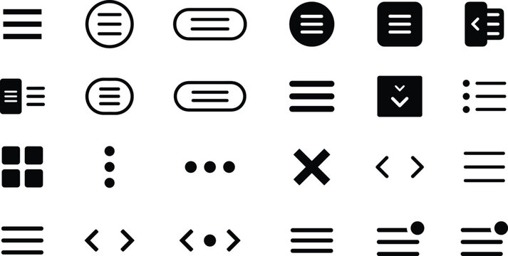 Hamburger Menu and Navigation Line Icon Set featuring UI Grid Views, List Options, Kebab Dots, and Dropdown Toggle Buttons for Web Design and App Interfaces