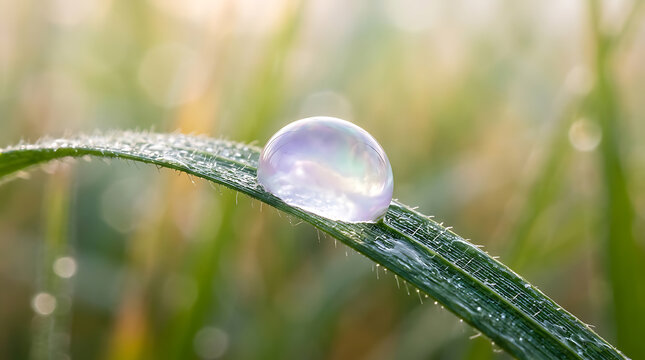 Macro view of a single iridescent dewdrop resting on a vivid green blade of grass