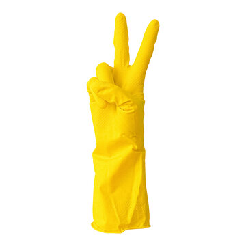 Yellow Rubber Household Cleaning Glove Making a Peace Sign Gesture