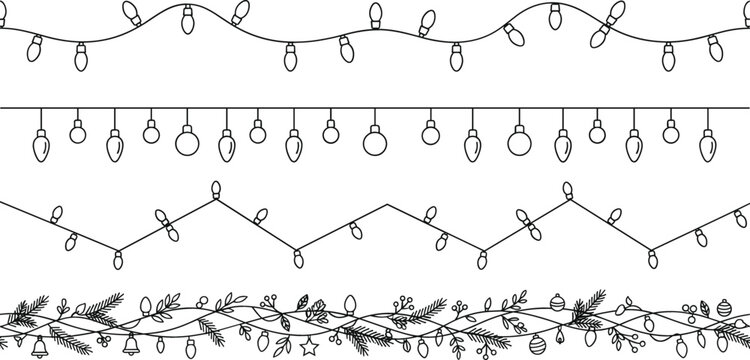 Christmas garland string lights black line vector border set for holiday decoration design