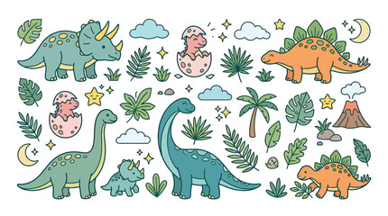 Cute Dinosaur Illustrations with Tropical Leaves and Clouds © loko