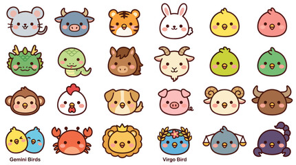 Obraz premium Cute animal zodiac icons collection