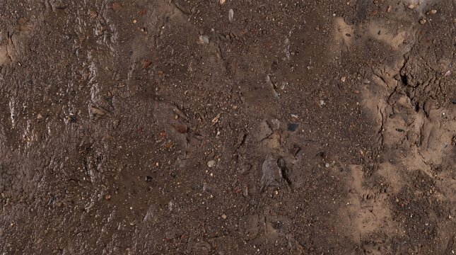 Close-up view of wet alluvial mud texture with small pebbles, grit, and uneven earthy surface