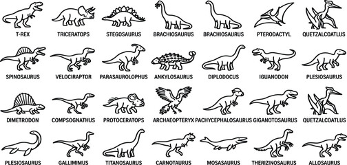 Dinosaur Species Line Icon Collection Prehistoric Animal Mesozoic Vector Illustration Outline Set © Hossain Studio