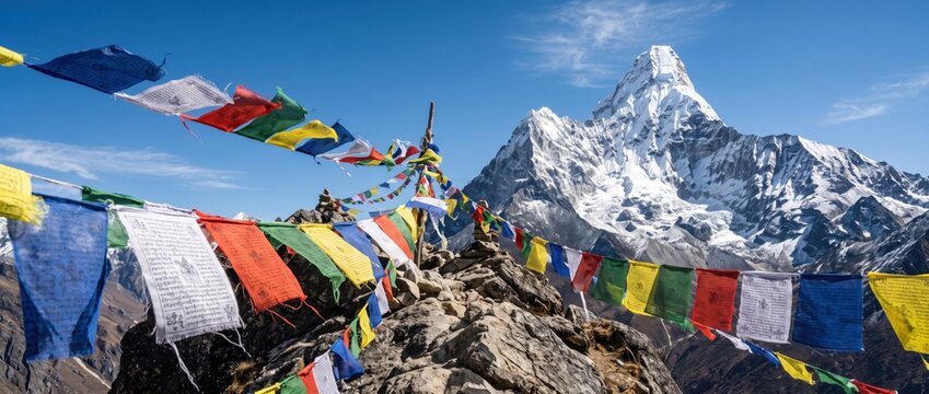 Colorful tibetan prayer flags fluttering on a rocky mountain ridge with the snow-capped ama dablam peak in the background, under a clear, blue sky in, the himalayas, nepal