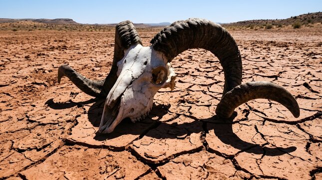 Animal skull in arid cracked earth dry landscape
