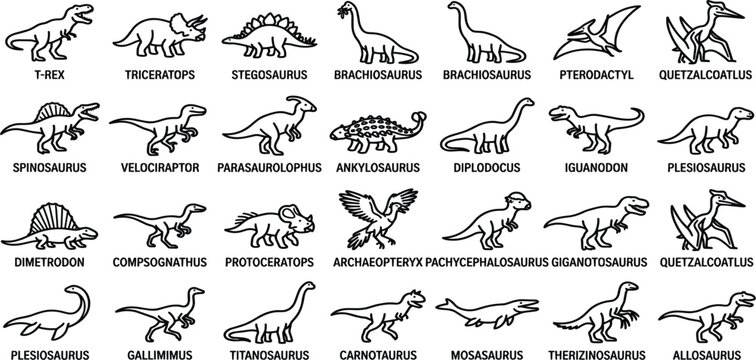 Dinosaur Species Line Icon Collection Prehistoric Animal Mesozoic Vector Illustration Outline Set