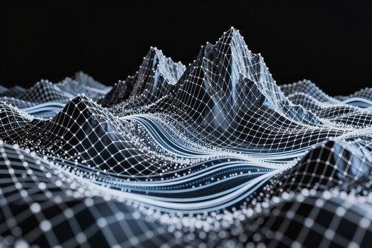 A 3D rendered abstract digital terrain of wireframe mountains with flowing light lines, set against a dark background, representing data or virtual landscapes.