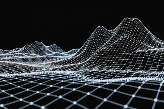 A 3D abstract digital grid waveform terrain, formed by connected nodes and lines, set against a solid black background, representing data structure and network concepts.