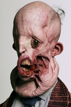 horror portrait mutant, man with huge bald forehead, bulging eye and torn cheek wearing patterned jacket, photorealistic