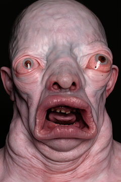 horror portrait mutant, pale pink creature with wide red rimmed eyes and huge square open mouth, photorealistic