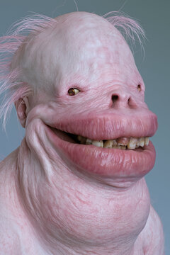 horror portrait mutant, pink creature with tall smooth forehead, wispy hair and enormous smiling lips, photorealistic