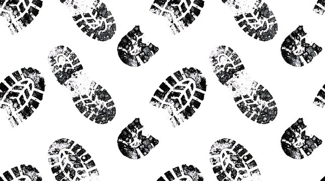 Seamless pattern of black muddy boot prints on a white background