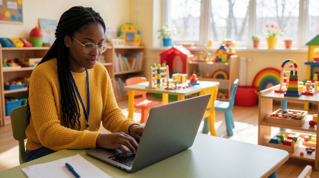 African female preschool teacher works on laptop in colorful kindergarten classroom. Black woman educator uses computer for online lesson planning childcare tasks. Bright playroom with toys, books