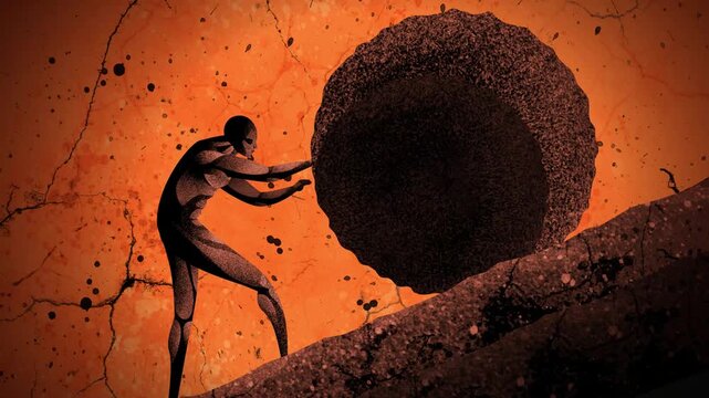 sisyphus pushing a huge round stone up a mountain