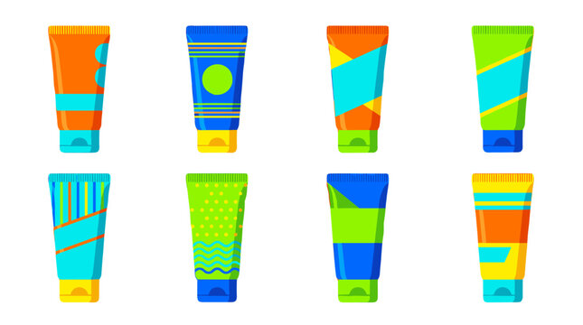 Set of colorful squeeze tubes with geometric patterns