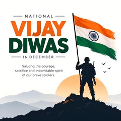 Fototapeta premium National vijay diwas poster with soldier silhouette standing on mountain with flag