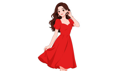 Fototapeta premium Woman in a red dress posing with one hand at her ear